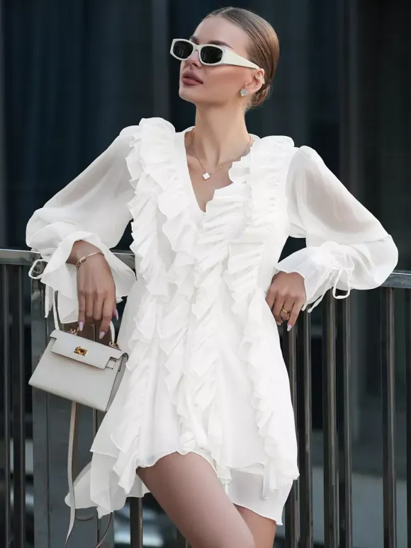 Shirt For Women White Ruffles V-Neck Elegant Long Sleeves Tops