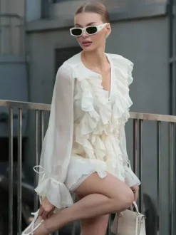 Shirt For Women White Ruffles V-Neck Elegant Long Sleeves Tops