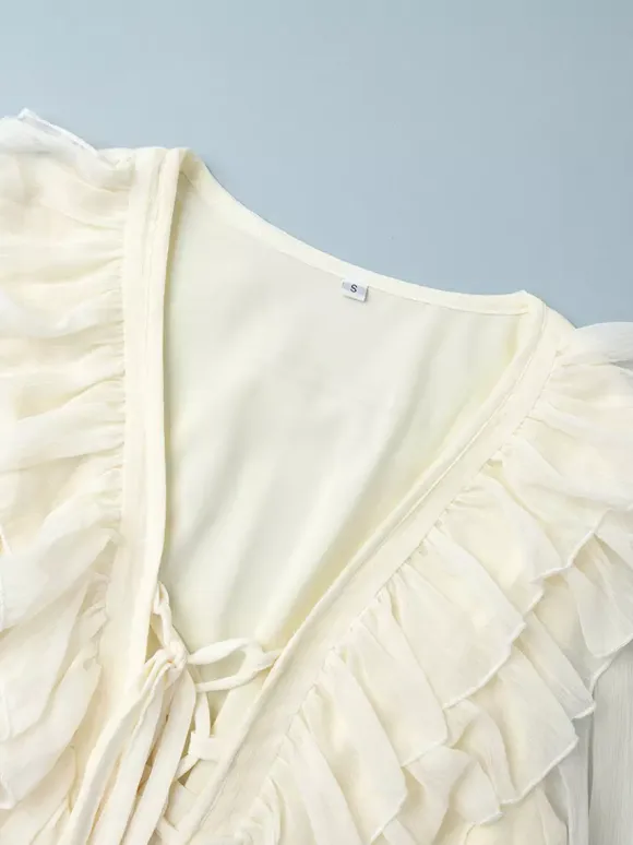 Shirt For Women White Ruffles V-Neck Elegant Long Sleeves Tops