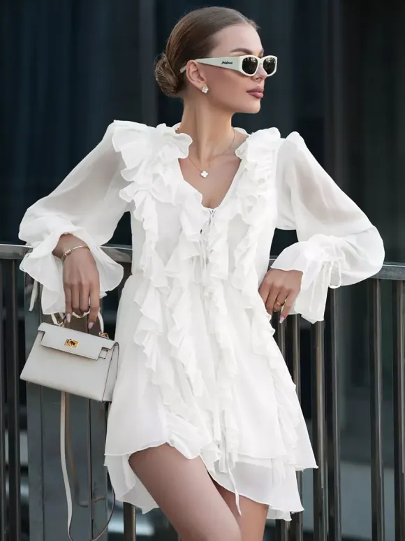 Shirt For Women White Ruffles V-Neck Elegant Long Sleeves Tops