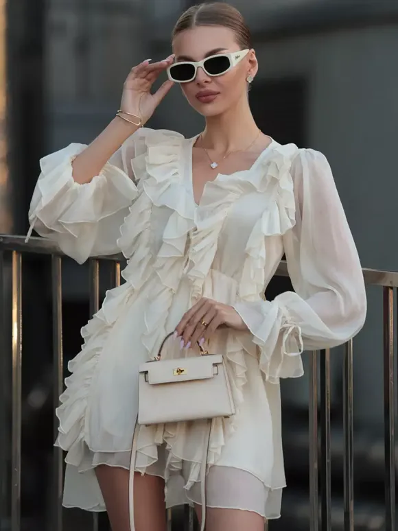 Shirt For Women White Ruffles V-Neck Elegant Long Sleeves Tops
