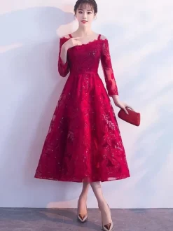 Short Cocktail Dress Burgundy Lace Graduation Dress Cold Shoulder Long Sleeve Tea Length Party Dress