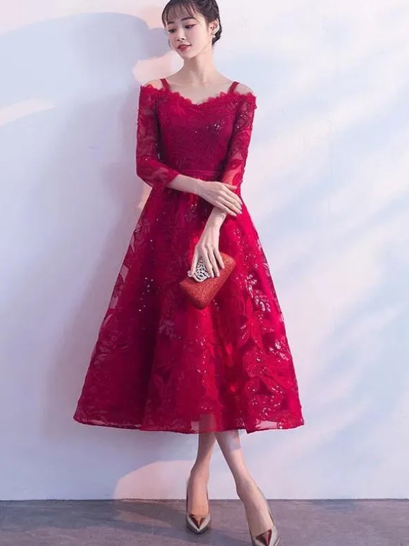 Short Cocktail Dress Burgundy Lace Graduation Dress Cold Shoulder Long Sleeve Tea Length Party Dress