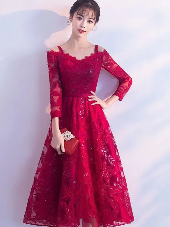 Short Cocktail Dress Burgundy Lace Graduation Dress Cold Shoulder Long Sleeve Tea Length Party Dress