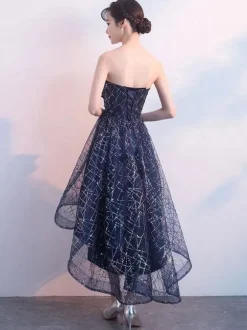 Short Cocktail Dress Strapless Sequin Dark Navy High Low Party Dress Free Customization