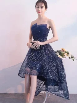 Short Cocktail Dress Strapless Sequin Dark Navy High Low Party Dress Free Customization
