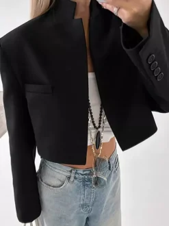 Short Length Mandarin Collar Suit Jacket Front Pocket Slim Cropped Outerwear
