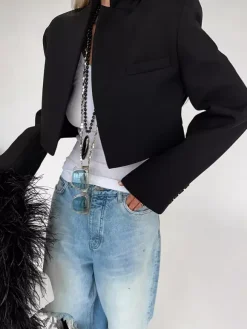 Short Length Mandarin Collar Suit Jacket Front Pocket Slim Cropped Outerwear