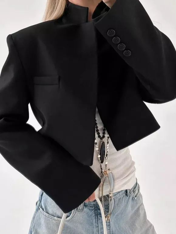 Short Length Mandarin Collar Suit Jacket Front Pocket Slim Cropped Outerwear