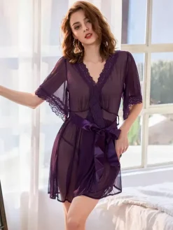 Short Nightgown Translucent Lace Belted Backless Nightgown