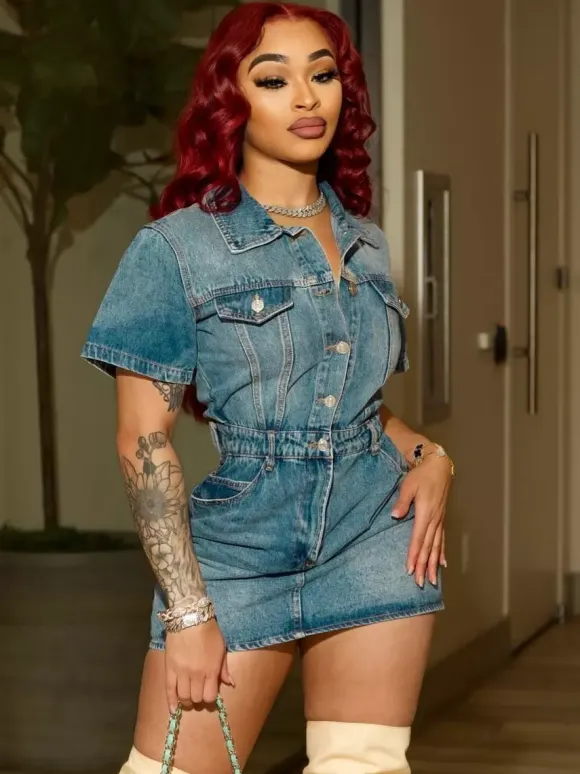 Short Sleeve Denim Dress For Women - Medium Wash Streetwear Button Up Bodycon Mini Jean Dress - Spring Night Out 2026