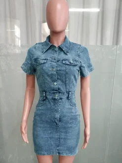 Short Sleeve Denim Dress For Women - Medium Wash Streetwear Button Up Bodycon Mini Jean Dress - Spring Night Out 2026