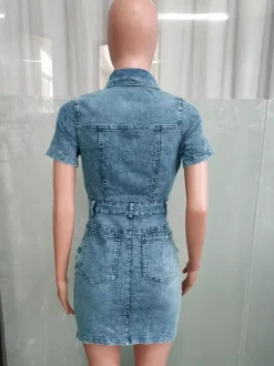 Short Sleeve Denim Dress For Women - Medium Wash Streetwear Button Up Bodycon Mini Jean Dress - Spring Night Out 2026