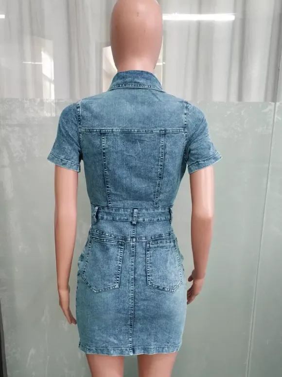Short Sleeve Denim Dress For Women - Medium Wash Streetwear Button Up Bodycon Mini Jean Dress - Spring Night Out 2026