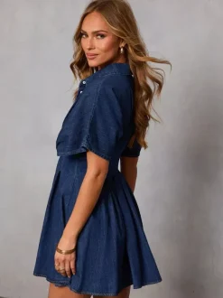 Short Sleeve Mini Denim Dress For Women - Dark Blue Pleated Waist Button Down Jean Shirt Dress - Summer Casual Party 2026