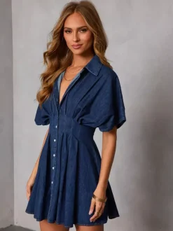 Short Sleeve Mini Denim Dress For Women - Dark Blue Pleated Waist Button Down Jean Shirt Dress - Summer Casual Party 2026