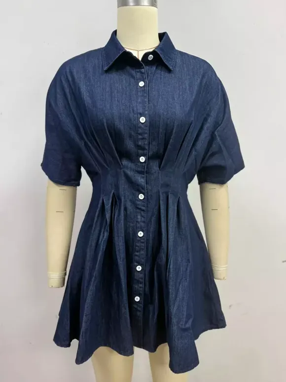 Short Sleeve Mini Denim Dress For Women - Dark Blue Pleated Waist Button Down Jean Shirt Dress - Summer Casual Party 2026