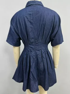 Short Sleeve Mini Denim Dress For Women - Dark Blue Pleated Waist Button Down Jean Shirt Dress - Summer Casual Party 2026