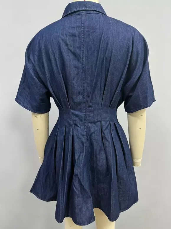 Short Sleeve Mini Denim Dress For Women - Dark Blue Pleated Waist Button Down Jean Shirt Dress - Summer Casual Party 2026