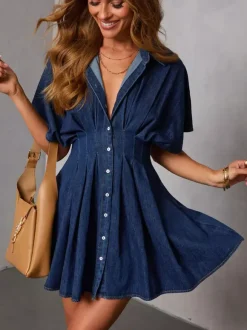 Short Sleeve Mini Denim Dress For Women - Dark Blue Pleated Waist Button Down Jean Shirt Dress - Summer Casual Party 2026