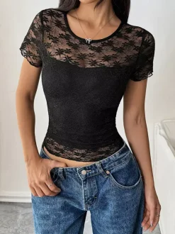 Short Sleeves Black Lace T-shirt With Sheer Detail 2026