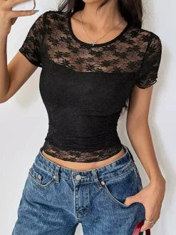 Short Sleeves Black Lace T-shirt With Sheer Detail 2026