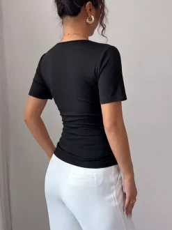 Short Sleeves Tees Black Pleated Pearls V-Neck Women Tee