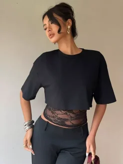Short Sleeves Tees Black Lace High Collar Women T Shirt