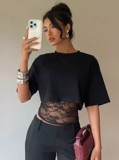 Short Sleeves Tees Black Lace High Collar Women T Shirt