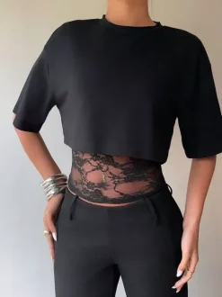 Short Sleeves Tees Black Lace High Collar Women T Shirt