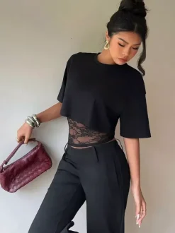 Short Sleeves Tees Black Lace High Collar Women T Shirt