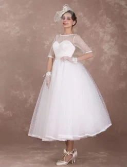 Short Vintage Wedding Dress 1950S Bridal Dress Ivory Backless Polka Dot Half Sleeve Sweetheart Bow Sash Reception Dress Free Customization