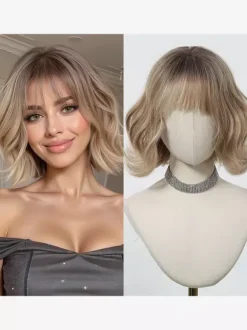 Short Water Wave Bob Synthetic Wig Air Bang Multi Color Heat Resistant Women Wig