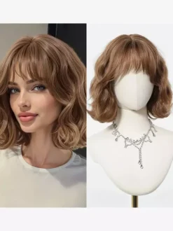 Short Water Wave Bob Synthetic Wig Air Bang Multi Color Heat Resistant Women Wig