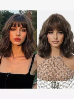 Short Water Wave Bob Synthetic Wig Air Bang Multi Color Heat Resistant Women Wig
