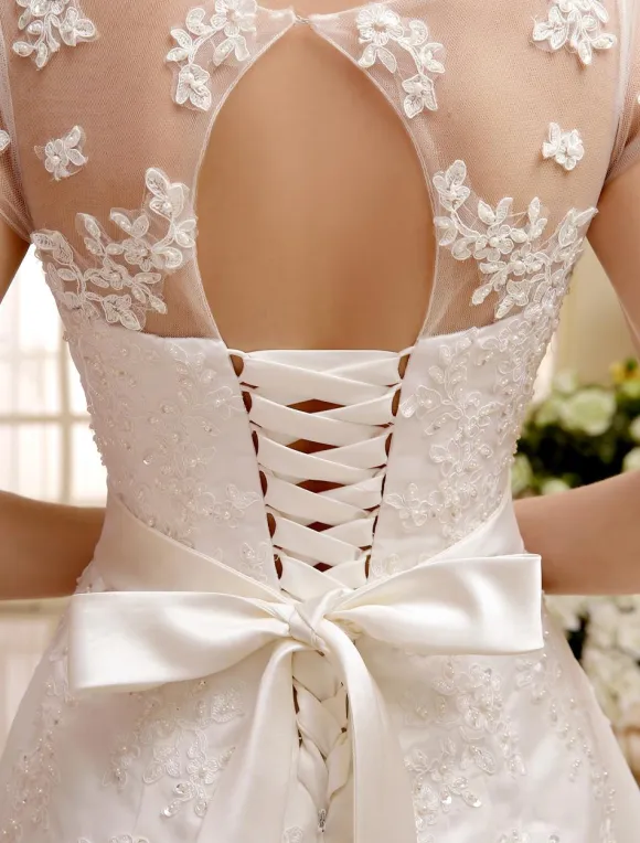 Short Wedding Dress Ivory Lace Up Vintage A Line Tea Length Bridal Dress Free Customization