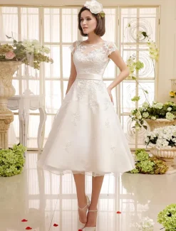 Short Wedding Dress Ivory Lace Up Vintage A Line Tea Length Bridal Dress Free Customization