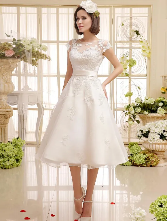 Short Wedding Dress Ivory Lace Up Vintage A Line Tea Length Bridal Dress Free Customization