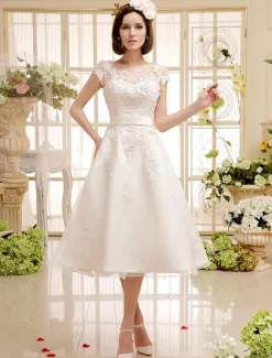 Short Wedding Dress Ivory Lace Up Vintage A Line Tea Length Bridal Dress Free Customization
