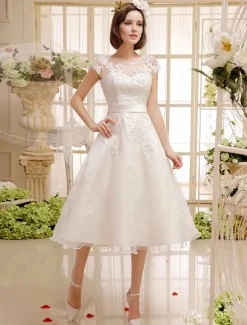 Short Wedding Dress Ivory Lace Up Vintage A Line Tea Length Bridal Dress Free Customization