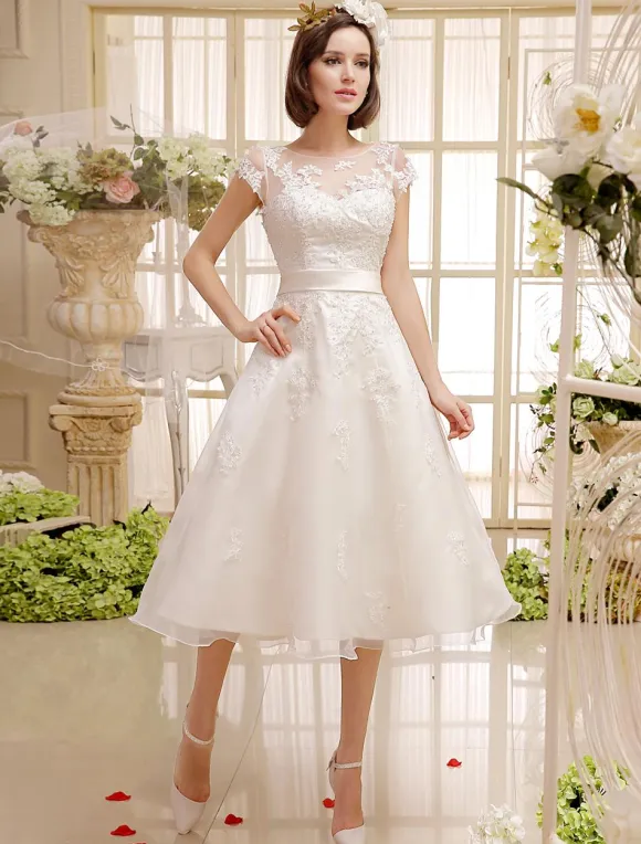 Short Wedding Dress Ivory Lace Up Vintage A Line Tea Length Bridal Dress Free Customization