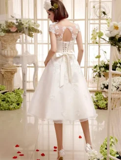 Short Wedding Dress Ivory Lace Up Vintage A Line Tea Length Bridal Dress Free Customization