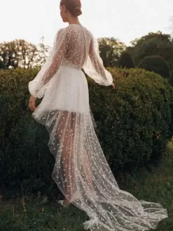 Short Wedding Dress Jewel Neck Long Sleeves A-Line Asymmetrical Bridal Dresses