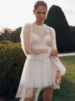 Short Wedding Dress Jewel Neck Long Sleeves A-Line Asymmetrical Bridal Dresses