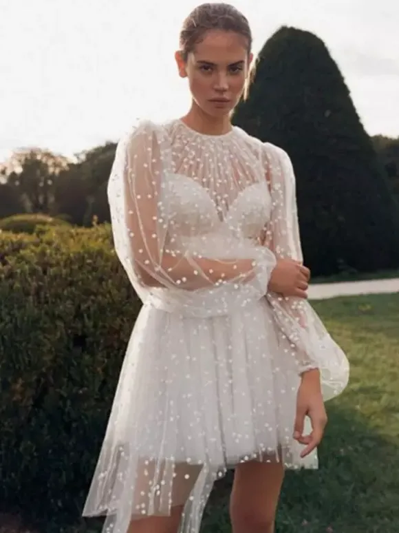 Short Wedding Dress Jewel Neck Long Sleeves A-Line Asymmetrical Bridal Dresses