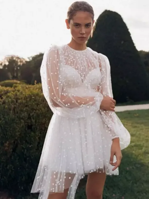 Short Wedding Dress Jewel Neck Long Sleeves A-Line Asymmetrical Bridal Dresses