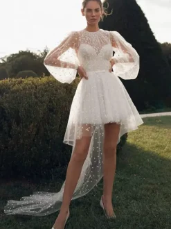 Short Wedding Dress Jewel Neck Long Sleeves A-Line Asymmetrical Bridal Dresses