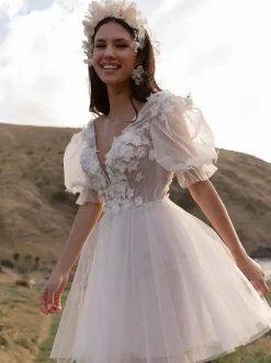 Short Wedding Dress Lace V-Neck Short Sleeve Knee-Length Civil Wedding Dress