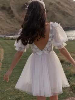 Short Wedding Dress Lace V-Neck Short Sleeve Knee-Length Civil Wedding Dress