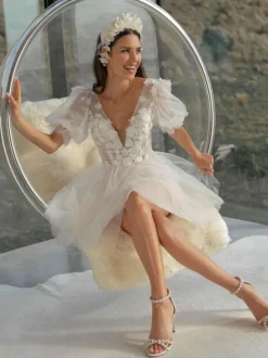 Short Wedding Dress Lace V-Neck Short Sleeve Knee-Length Civil Wedding Dress